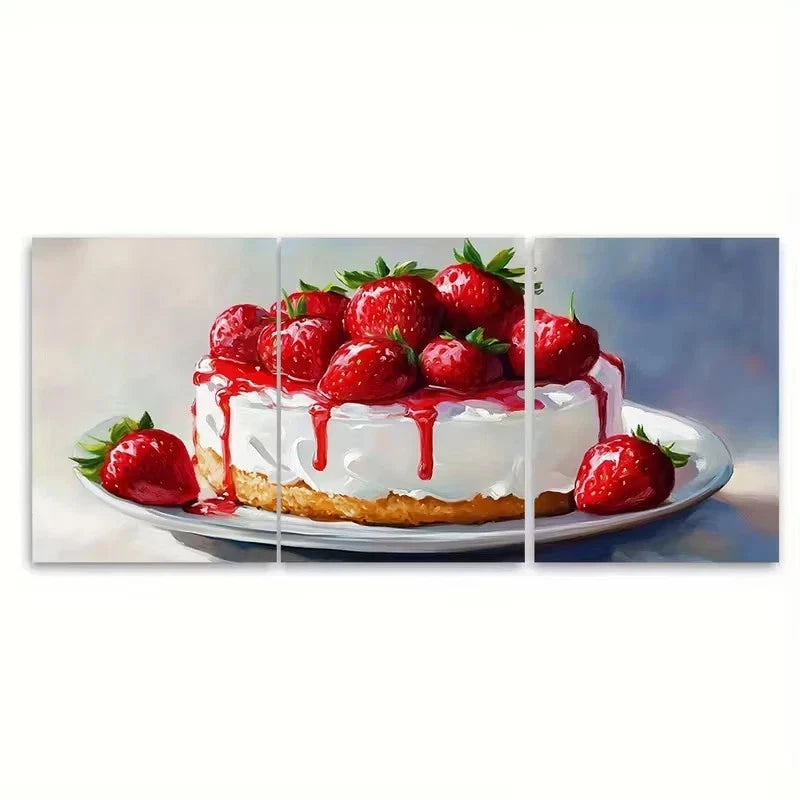3pcs Strawberry Cake Impasto Wall Art Set Canvas Framed 60x90cm - High Quality Print 100% Australian Made Wall Canvas Ready to Hang