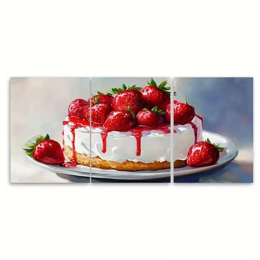 3pcs Strawberry Cake Impasto Wall Art Set Canvas Framed 60x90cm - High Quality Print 100% Australian Made Wall Canvas Ready to Hang