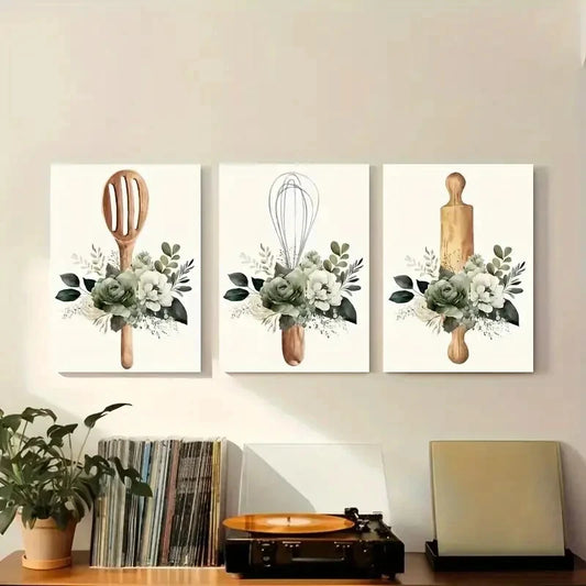 3pcs Green Watercolor Floral & Kitchenware Metal Print Ready to Hang Art