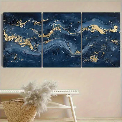 3pcs Dark Blue and Golden Abstract Wall Art Set Canvas Framed 50x70cm - High Quality Print 100% Australian Made Wall Canvas Ready to Hang - Bella Home Decor
