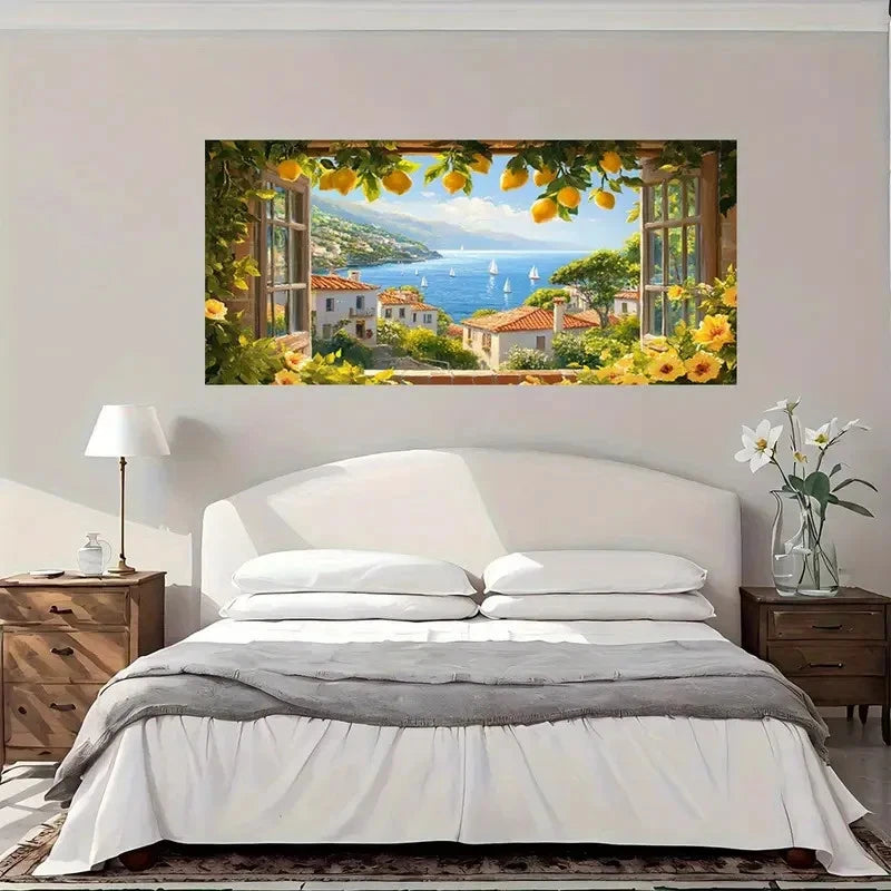 Lemon Tree Coastal View Wall Art Canvas Office Home Room Framed 120x60cm