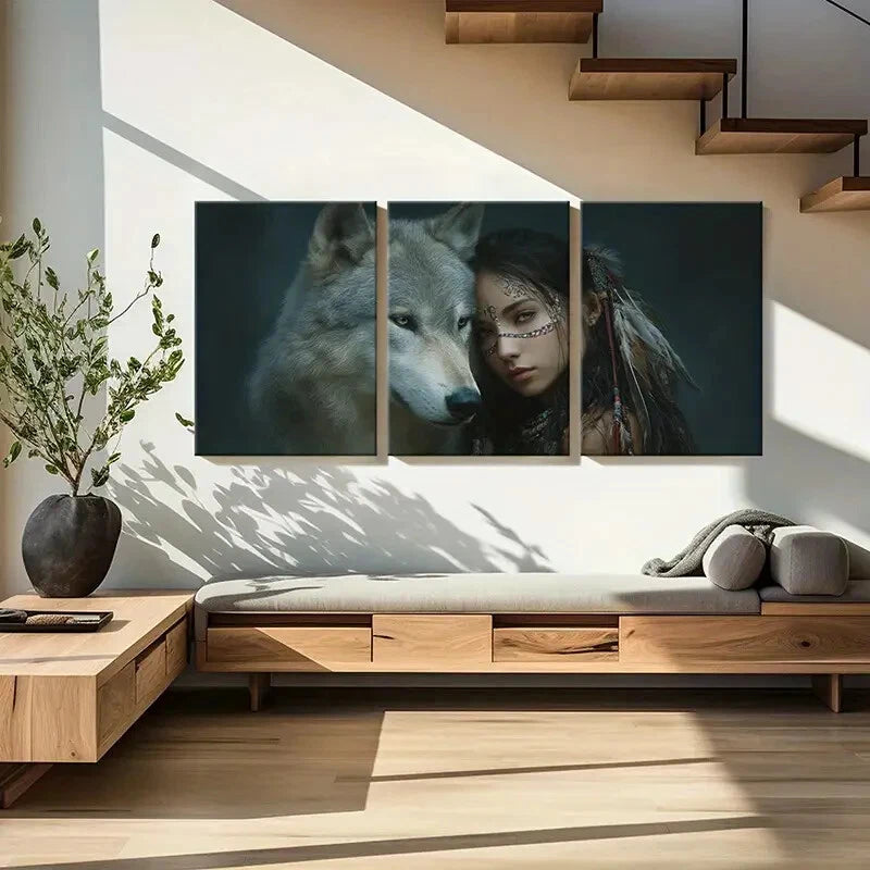 3pcs Native Spirit Wolf Companion Tribal Art Metal Print Ready to Hang Art - Bella Home Decor
