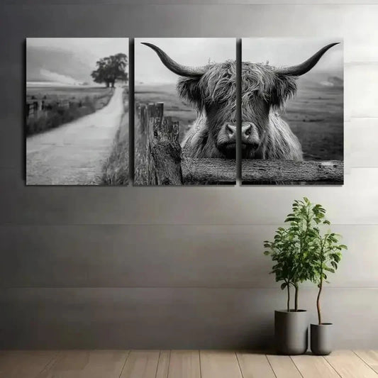 3pcs Black-and-White Highland Cow Behind a Fence Metal Print Ready to Hang Art - Bella Home Decor