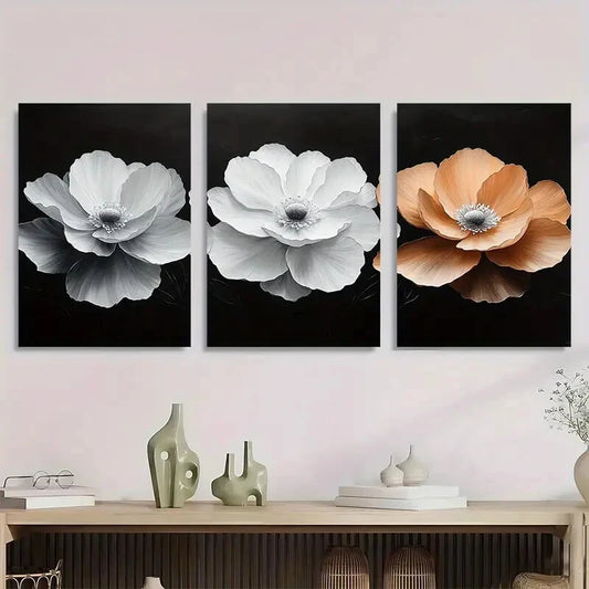3pcs Elegant Floral White and Orange Flowers Metal Print Ready to Hang Art