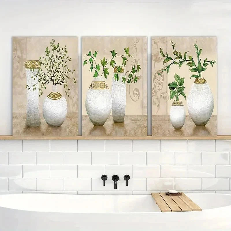 3pcs Floral Vase Designs in White & Golden Metal Print Ready to Hang Art - Bella Home Decor