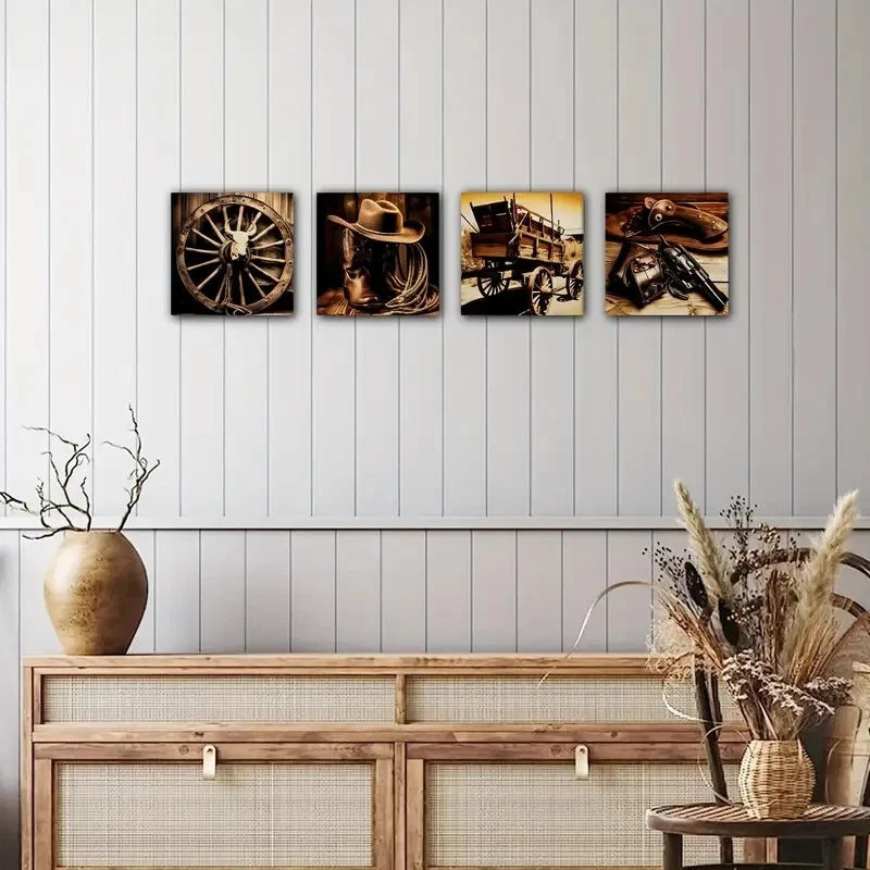 4pcs Cowboy Hat Boot Saddle Faux Leather Rancher Wall Art Canvas Framed