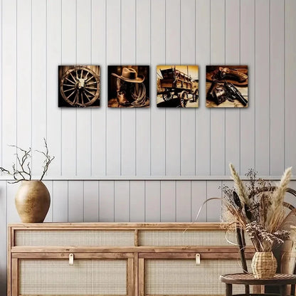 4pcs Cowboy Hat Boot Saddle Faux Leather Rancher Wall Art Canvas Framed