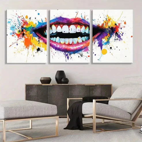3pcs Abstract Colorful Lips and Teeth Wall Art Canvas Unframed - High Quality Print 100% Australian Made Wall Canvas - Bella Home Decor