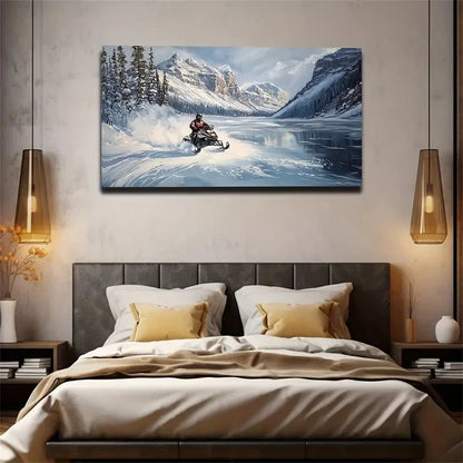 Vibrant Snowmobile Ride Lake Wall Art Canvas Office Home Room Framed 120x60cm