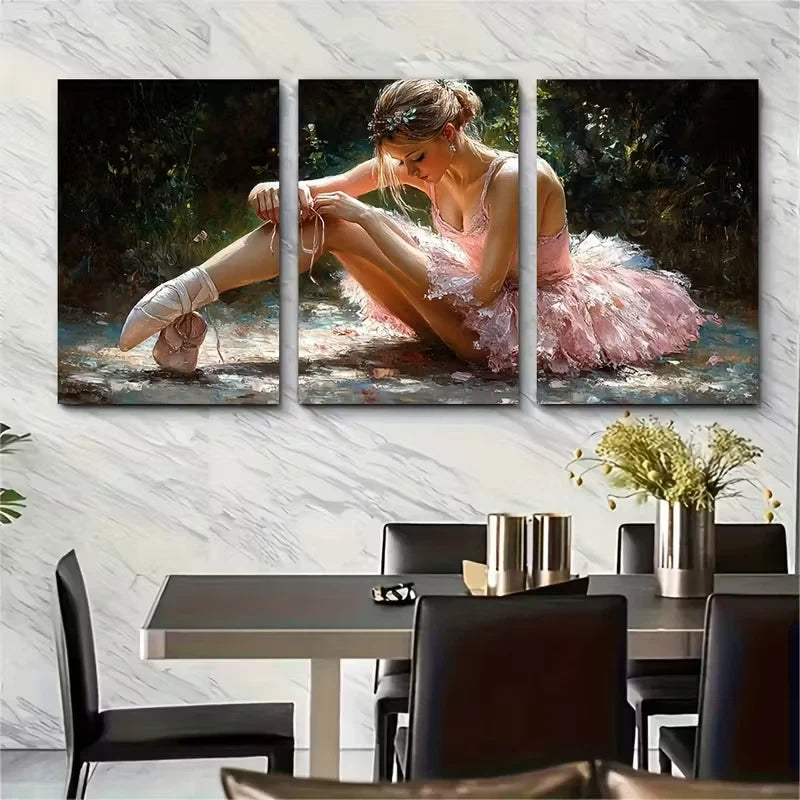 3pcs , Elegant Ballerina Tying Shoes Metal Print Ready to Hang Art - Bella Home Decor