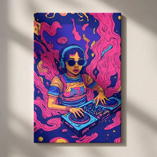 Groovy Retro DJ Girl Neon Abstract Music Decor 40x60cm Metal Print Ready to Hang