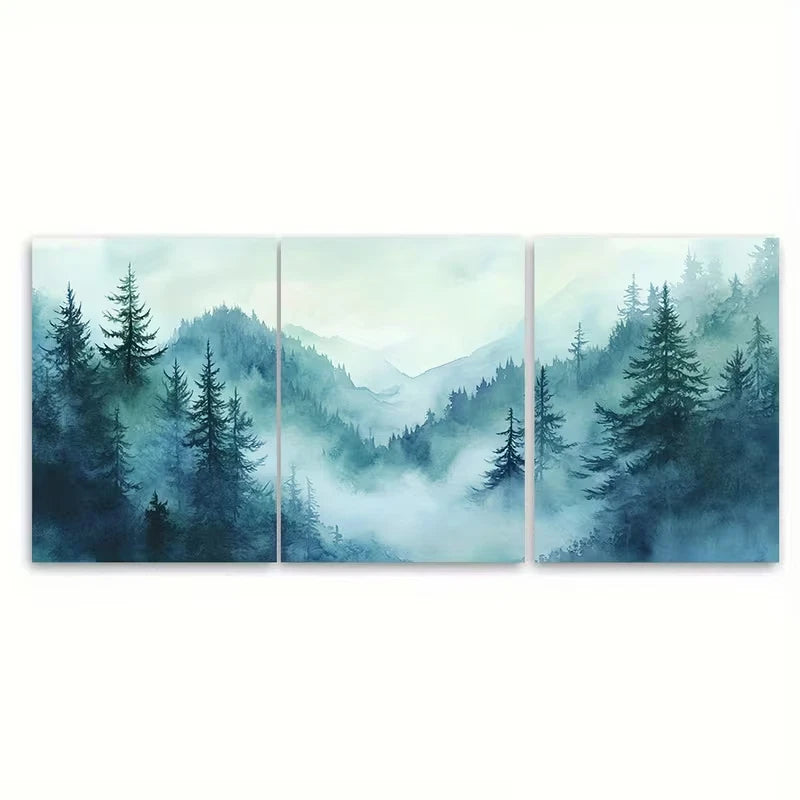 3pcs Watercolor Mountains With Foggy Trees Metal Print Ready to Hang Art