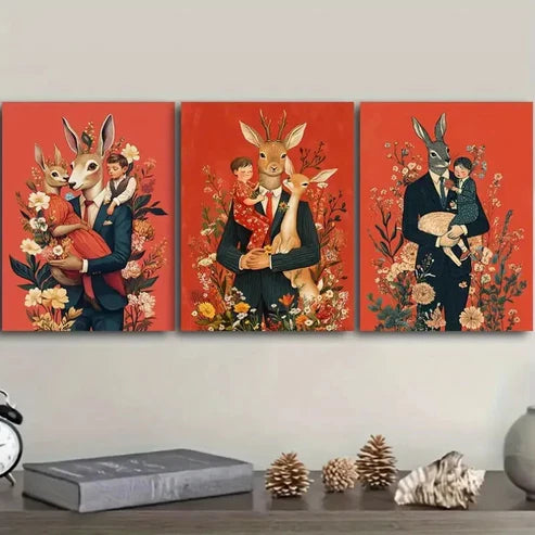 3pcs Mr. Rabbit, With Wife Floral Background Wall Art Canvas Unframed - High Quality Print 100% Australian Made Wall Canvas