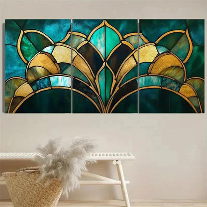 3pcs Stained Glass Art Deco Emerald Green Wall Art Set Canvas Framed 50x70cm - High Quality Print 100% Australian Made Wall Canvas Ready to Hang