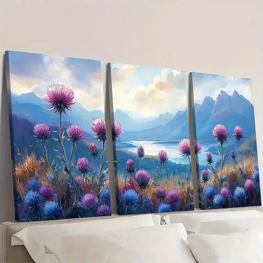 3pcs Vibrant Floral & Mountain Design GL Wall Art Set Canvas Framed 50x70cm - High Quality Print 100% Australian Made Wall Canvas Ready to Hang