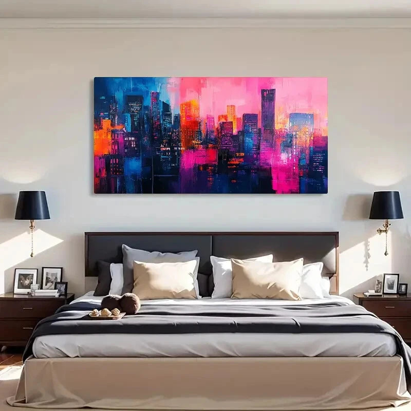 Skyline Modern Night Neon Wall Art Canvas Office Home Room Framed 120x60cm - Bella Home Decor