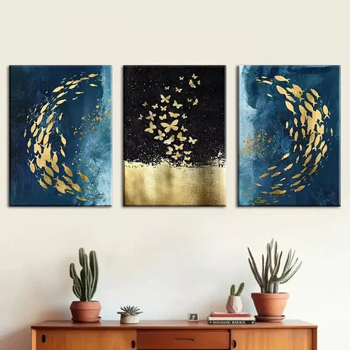 3pcs Abstract Style Fish and Butterfly Swarms Wall Art Canvas Unframed - High Quality Print 100% Australian Made Wall Canvas - Bella Home Decor