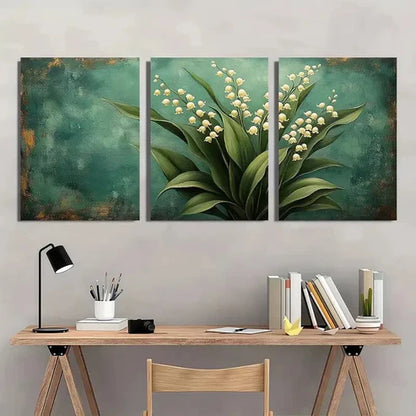 3pcs Green Rustic Vintage Lily of the Valley Wall Art Set Canvas Unframed - High Quality Print 100% Australian Made Wall Canvas