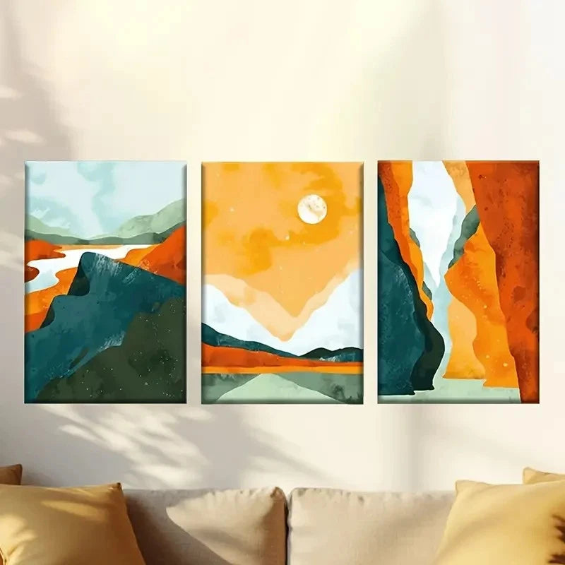 3pcs Orange, Blue & Green with Sun, Moon & Stars Wall Art Set Canvas Framed 60x90cm - High Quality Print 100% Australian Made Wall Canvas Ready to Hang