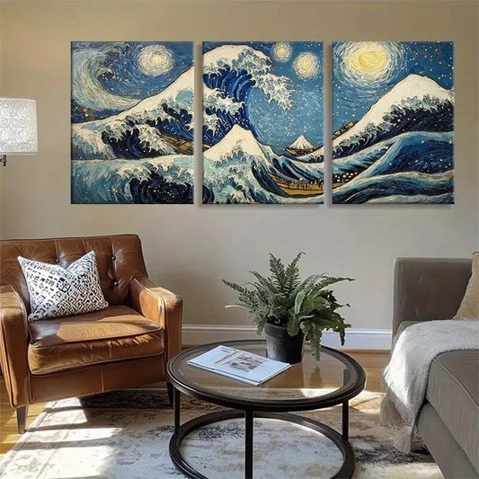 3pcs Starry Night Mountain & Wave Metal Print Ready to Hang Art