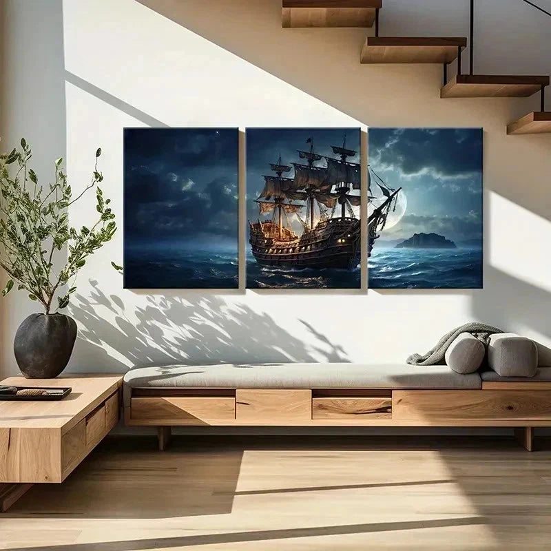 3pcs Pirate Ship On The Sea At Night Wall Art Set Canvas Framed 60x90cm - High Quality Print 100% Australian Made Wall Canvas Ready to Hang - Bella Home Decor