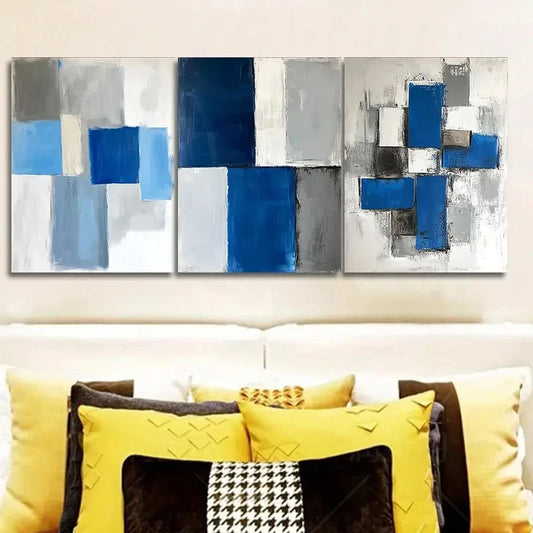 3pc Blue, Black & White Geometric Design BBWG Wall Art Set Canvas Framed 50x70cm - High Quality Print 100% Australian Made Wall Canvas Ready to Hang