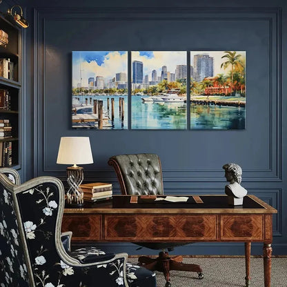 3pcs Vibrant Cityscape Marina Art with Yachts Metal Print Ready to Hang Art - Bella Home Decor