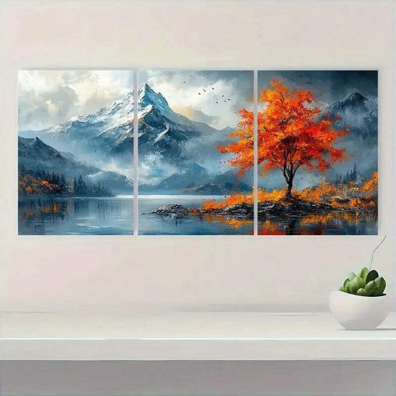3pcs Mountain Landscape Textured Oil Painting Metal Print Ready to Hang Art - Bella Home Decor