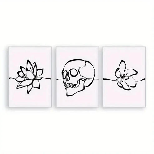 3pcs Skull Art Print Set Black & White Line Wall Art Set Canvas Unframed - High Quality Print 100% Australian Made Wall Canvas