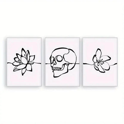 3pcs Skull Art Print Set Black & White Line Wall Art Set Canvas Unframed - High Quality Print 100% Australian Made Wall Canvas