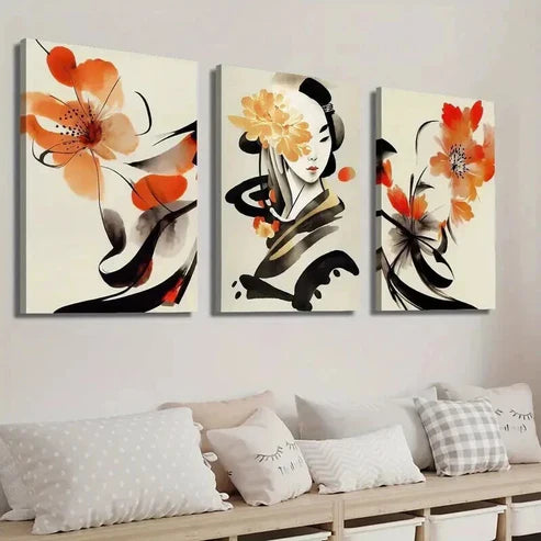 3pcs Ancient Style Woman and Flowers Wall Art Set Canvas Unframed - High Quality Print 100% Australian Made Wall Canvas - Bella Home Decor