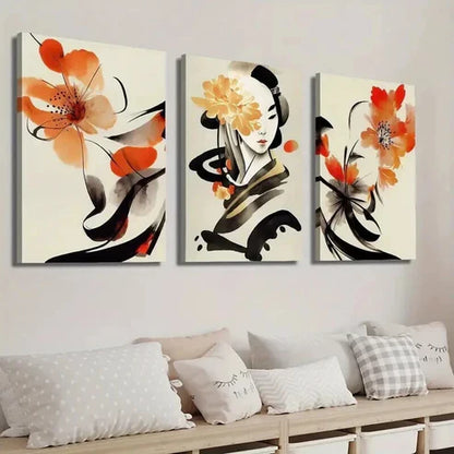 3pcs Ancient Style Woman and Flowers Wall Art Set Canvas Unframed - High Quality Print 100% Australian Made Wall Canvas - Bella Home Decor