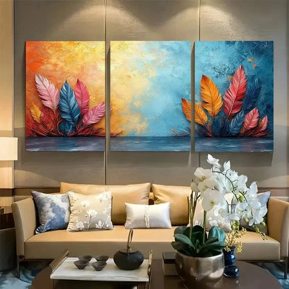 3pcs Vibrant Rustic Bohemian Feather Wall Art Set Canvas Framed 60x90cm - High Quality Print 100% Australian Made Wall Canvas Ready to Hang - Bella Home Decor