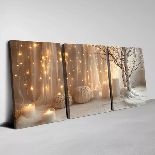 3pcs Modern Minimalist Soft lights & Candles Art Set Canvas Framed 50x70cm - High Quality Print 100% Australian Made Wall Canvas Ready to Hang