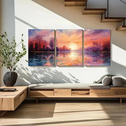 3pcs Nature Sunset Forest River Retro Wall Art Set Canvas Framed 60x90cm - High Quality Print 100% Australian Made Wall Canvas Ready to Hang - Bella Home Decor
