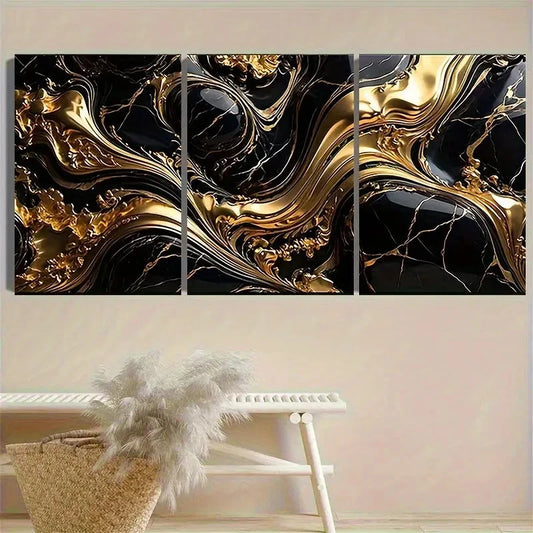 3pcs Golden and Black Marble Texture Wall Art Set Canvas Framed 60x90cm - High Quality Print 100% Australian Made Wall Canvas Ready to Hang