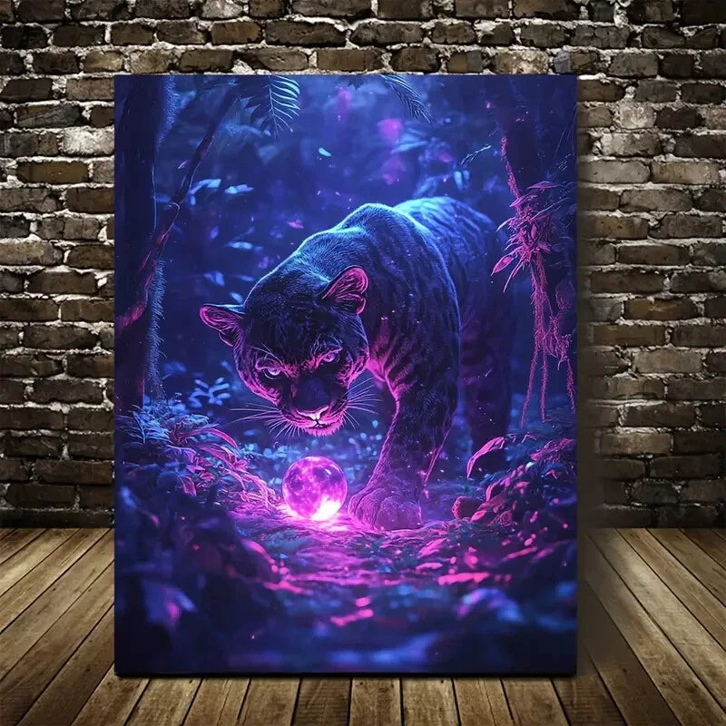 Beautiful Panther Playing with Glowing Ball Painting 40x60cm Metal Print Ready to Hang - Bella Home Decor