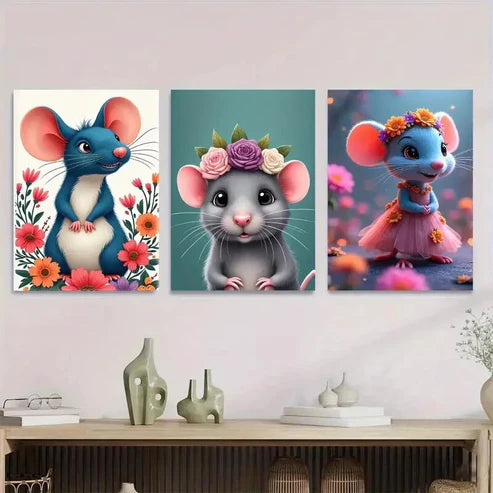 3pcs Charming Mouse Cute Animal Picture Wall Art Set Canvas Unframed - High Quality Print 100% Australian Made Wall Canvas - Bella Home Decor