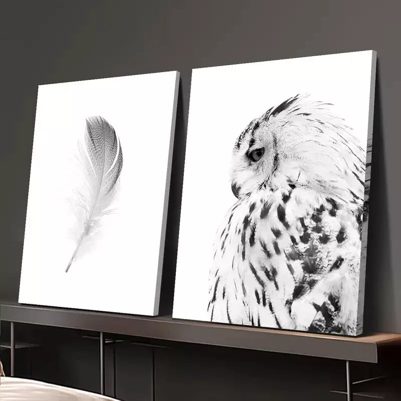 2pcs Owl Black and White Animal Feather Painting Canvas Framed 50x75cm - High Quality Print 100% Australian Made Wall Canvas Ready to Hang - Bella Home Decor