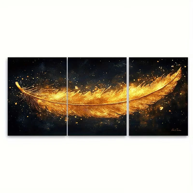 3pcs Abstract Golden Feather Glittery Metal Print Ready to Hang Art - Bella Home Decor