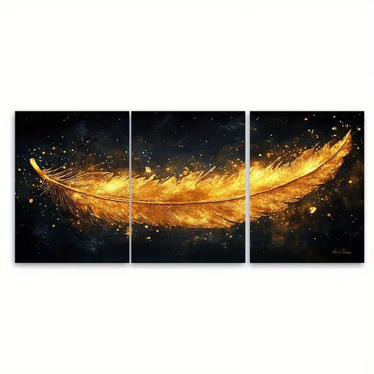 3pcs Abstract Golden Feather Glittery Metal Print Ready to Hang Art