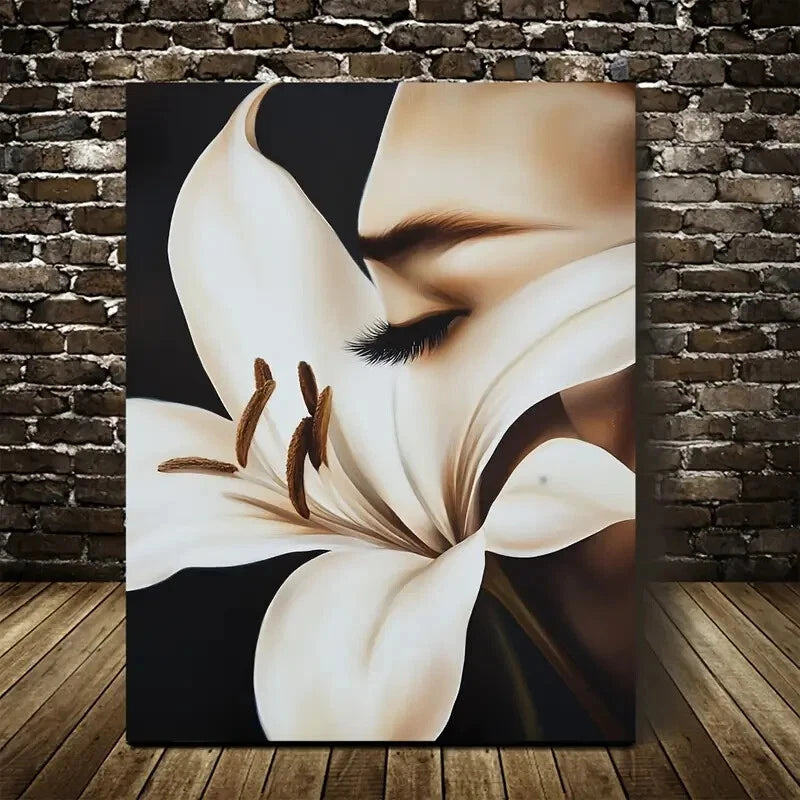 Serene Woman with Lily Painting 40x60cm Metal Print Ready to Hang - Bella Home Decor