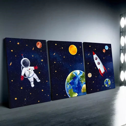 3pcs Space Suite Astronaut Blue Sky Planets Wall Art Set Canvas Unframed - High Quality Print 100% Australian Made Wall Canvas