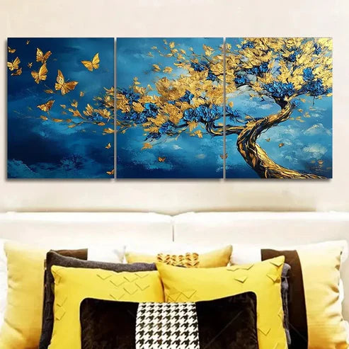 3pcs An Abstract Tree with Golden Leaves Wall Art Canvas Unframed - High Quality Print 100% Australian Made Wall Canvas - Bella Home Decor