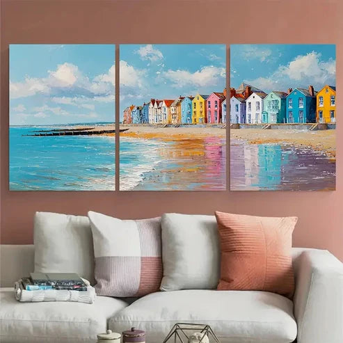 3pcs Worthing West Sussex Coastal Illustration Wall Art Canvas Unframed - High Quality Print 100% Australian Made Wall Canvas