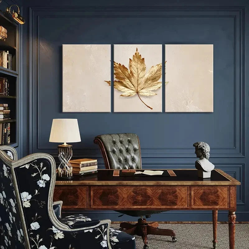 3pcs Golden Maple Leaf Art Elegant Poster Metal Print Ready to Hang Art - Bella Home Decor