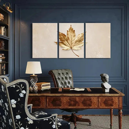 3pcs Golden Maple Leaf Art Elegant Poster Metal Print Ready to Hang Art - Bella Home Decor