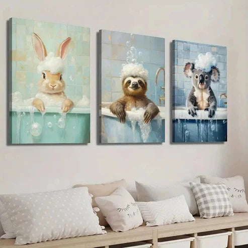 3pcs Cute Bunny Sloth Raccoon in Bathtub Wall Art Set Canvas Unframed - High Quality Print 100% Australian Made Wall Canvas - Bella Home Decor