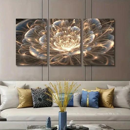 3pcs Golden Lotus Floral Painting Metal Print Ready to Hang Art