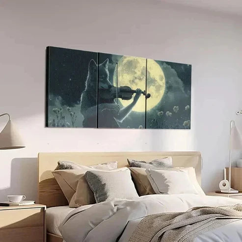 3pcs Wolf Playing Violin Under Full Moon  Art Set Canvas Unframed - High Quality Print 100% Australian Made Wall Canvas